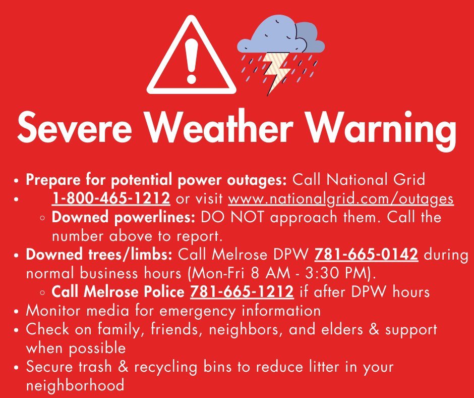 When the weather gets ugly (like it is today), it's important to know who to call for help. <a href="/nationalgridMA/">National Grid MA</a> <a href="/MelroseDPW/">Melrose DPW</a> <a href="/MelroseFF/">IAFF1617</a> <a href="/MelrosePolice/">Melrose, MA Police</a> 

cityofmelrose.org/home/news/what…