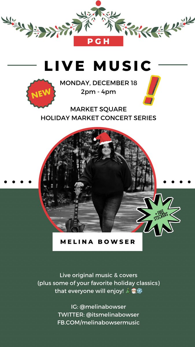 Last minute show just added for this afternoon (Mon. 12/18) !!! Come see me in @DowntownPitt’s Market Square for the Peoples Gas Holiday Market from 2pm - 4pm TODAY. ❤️🎄🎶🎅🏼 

#lovepgh #downtownpittsburgh #pghmusic #localmusic #shopsmall #pghm23