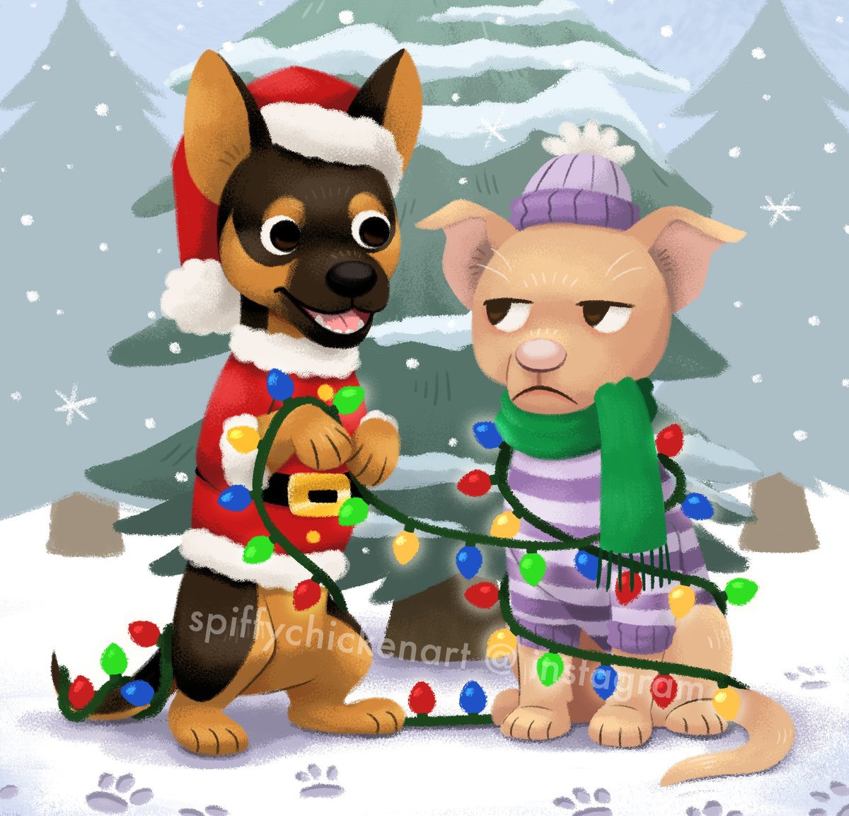 An illustration I did as part of a holiday card commission for a friend and family of a former foster! Happy Holiday season 🎄