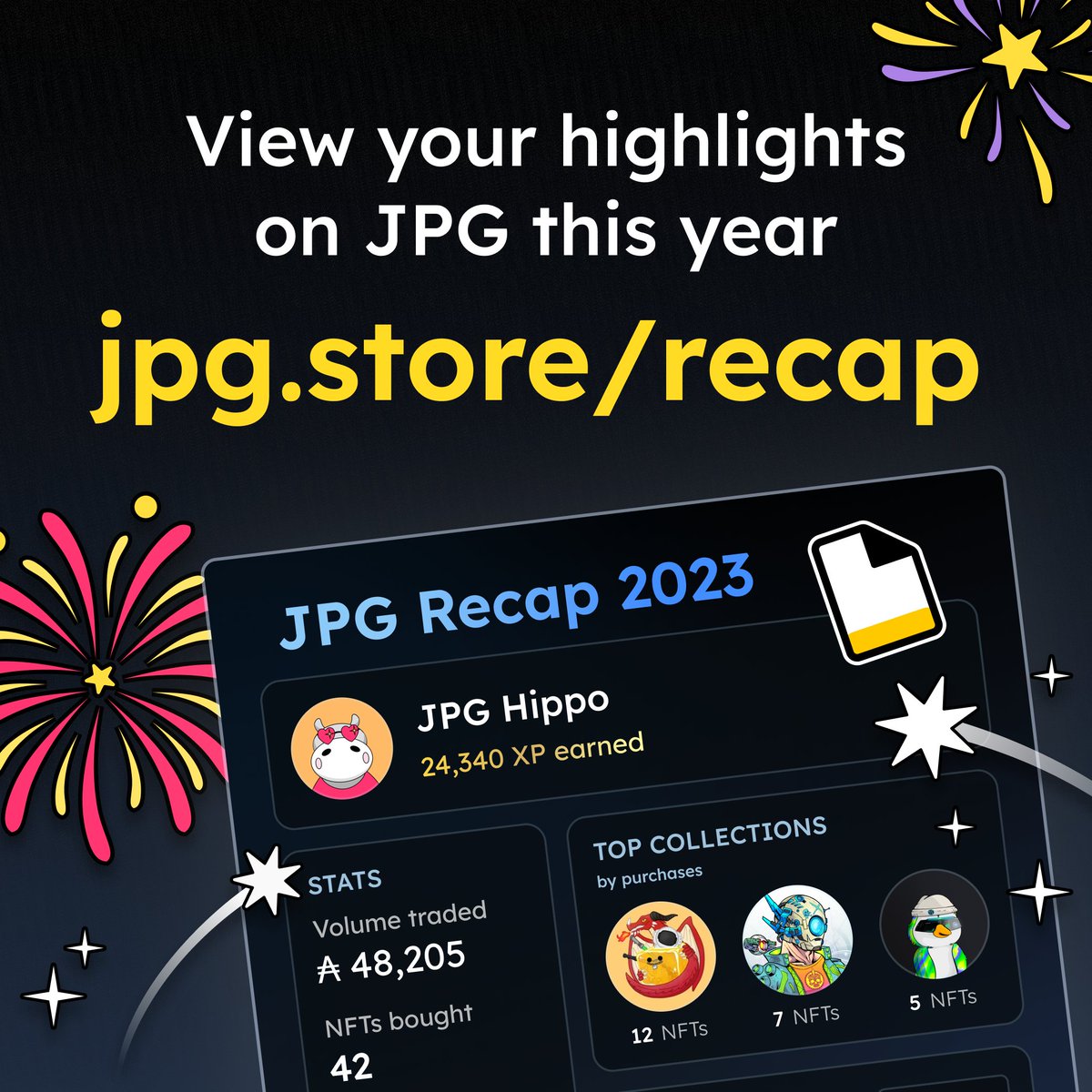 JPG Recap 2023 is HERE! 🚨 Head to the link below and discover your unique 2023 Cardano NFT journey 👇 Share your recap on @X to be entered into a Magic Kong giveaway 🐍