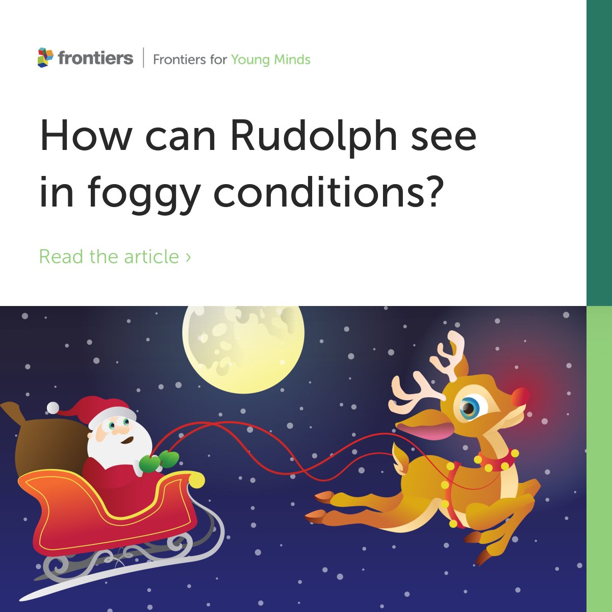 How can Rudolph see in foggy conditions? Arctic reindeer can see ultraviolet light which is invisible to humans. This helps them detect important things such as predators and food. Find out more about the biology and vision of reindeer. Read the article ➡️fro.ntiers.in/Rudolph