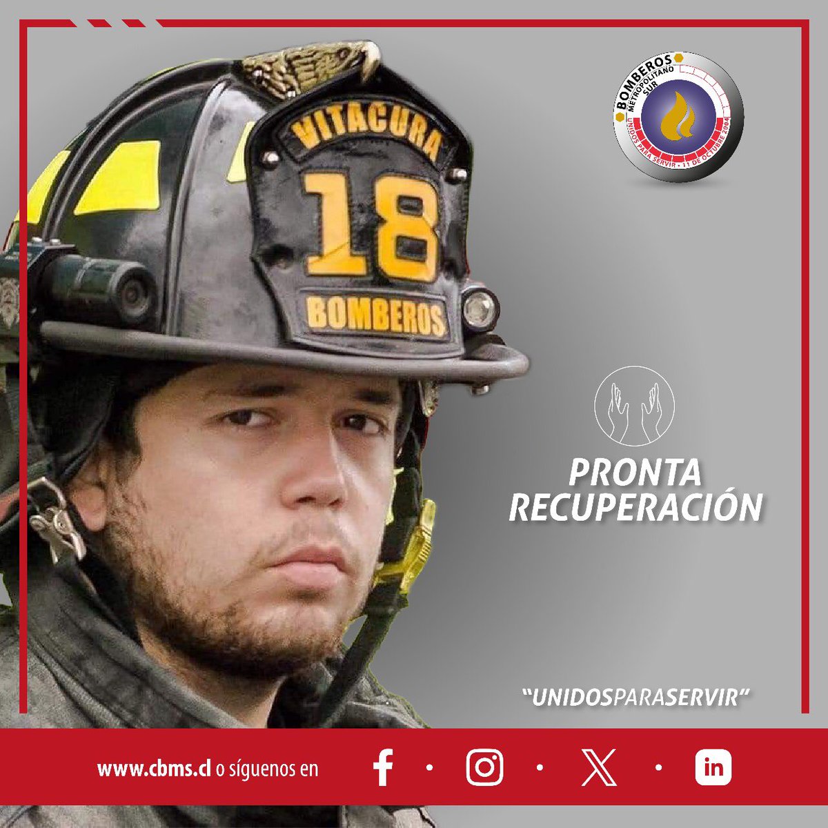 #SuperintendenteCBMS #ComandanteCBMS en nombre de todos los integrantes de la institución.
👨‍🚒🧑‍🚒
pregan por la pronta recuperación de Joaquín González Moore de <a href="/bomba18cl/">Decimoctava Compañía Vitacura</a> y los bomberos de <a href="/15feuerwehr/">15. Bomba Alemana</a> lesionados. 

 <a href="/cbsantiago/">Cuerpo de Bomberos de Santiago</a> 🚒
#unidosparaservir