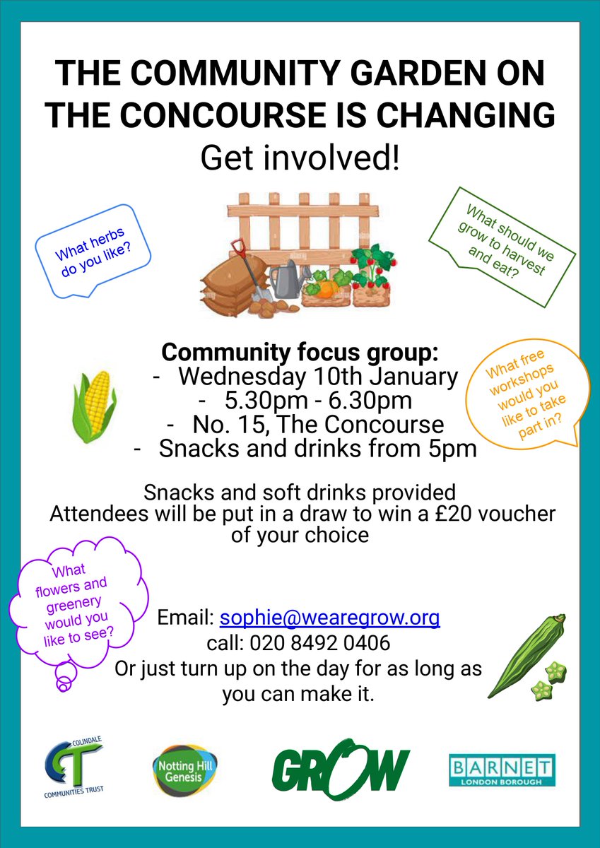 Would you like to influence what happens with our Concourse Community Garden? Come along to the Community Focus Group on 10th Jan. 5.30-6.30pm. Have your say and get entered into a prize draw for a £20 voucher #GrahamePark #cct_colindale #wearegrow___ #BarnetCouncil #NHGhousing