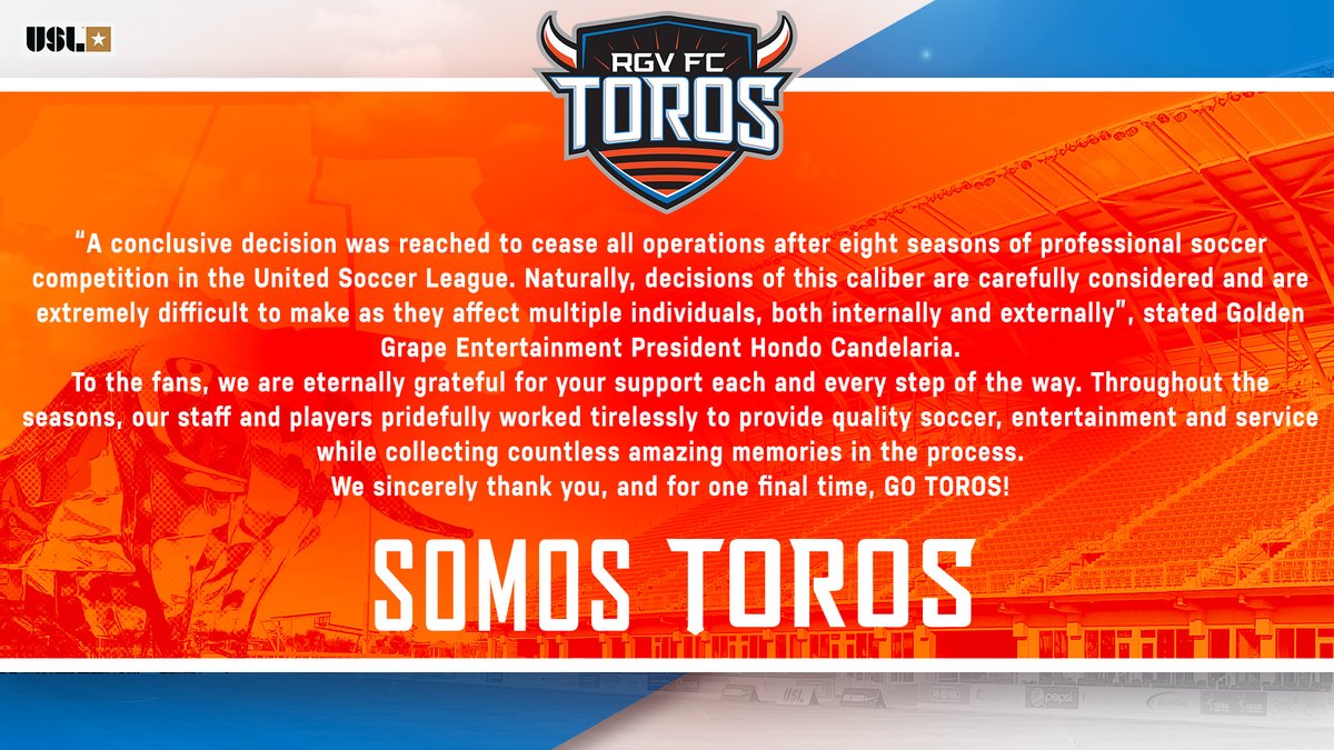 Una pena para el seguidor futbolero en el Valle de Texas y Sur de Tamaulipas que desaparezca TOROS RGV.