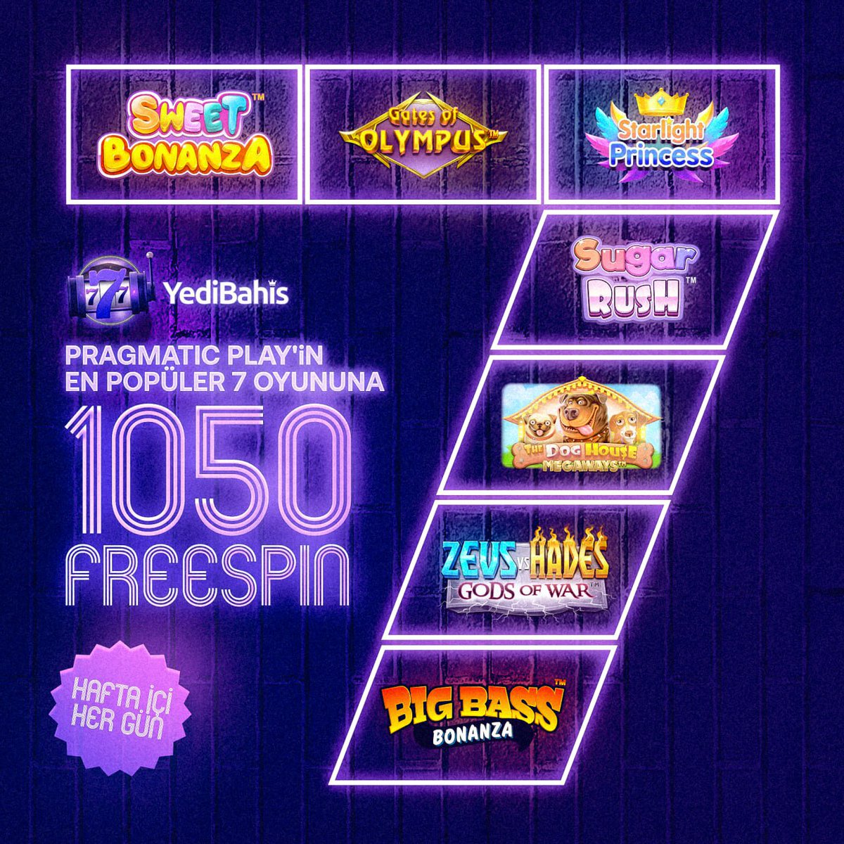 ⚠️ SİZ İSTERSİNİZ YEDİBAHİS YAPAR! ➡️HAFTA İÇİ HERGÜN TÜM YATIRIMLARINIZA TOPLAMDA 1050 FREESPİN! ⚡PRAGMATİC PLAY'İN EN POPÜLER OYUNLARINDA KAZANMA FIRSATI SİZİ BEKLİYOR! 🚨DETAYLAR İÇİN PROMOSYON SAYFAMIZI ZİYARET EDİN! 😇BAHİSİN EN ŞANSLI HALİ YEDİBAHİS!