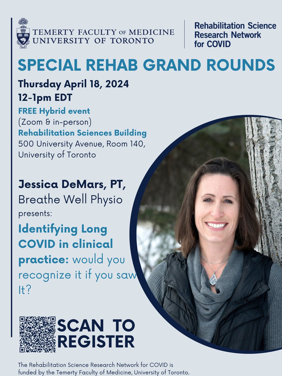 Register now! The Network is excited to host @BreathewellPT to present a Special Rehab Grand Rounds. The event will be accessible both online and in-person (at University of Toronto) on April 18th from 12-1pm! More info, and registration: tinyurl.com/yne24jxw #COVIDRehab