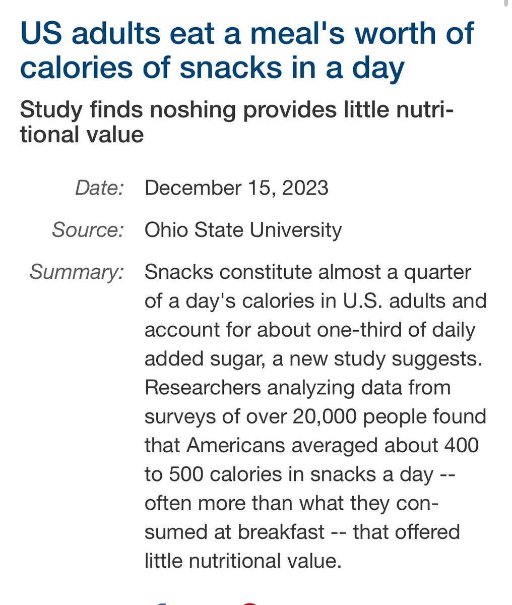 US adults consume a meal’s worth of calories from snacks daily, averaging 400-500 calories with little nutritional value. 

Snacks account for nearly a quarter of daily calories and one-third of added sugar intake. 

#HealthStudy #Snacking

sciencedaily.com/releases/2023/…