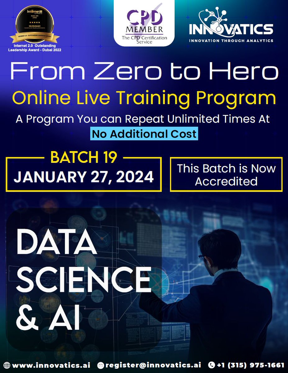 2024 is your year — #DataScientist from Zero to Hero! Join the @innovatics_ai Accredited 40-week training ecosystem program in #DataScience and #AI — your first step to making a lucrative career change. Learn #Python, #ML, and more! See all details here: twitter.com/KirkDBorne/sta…