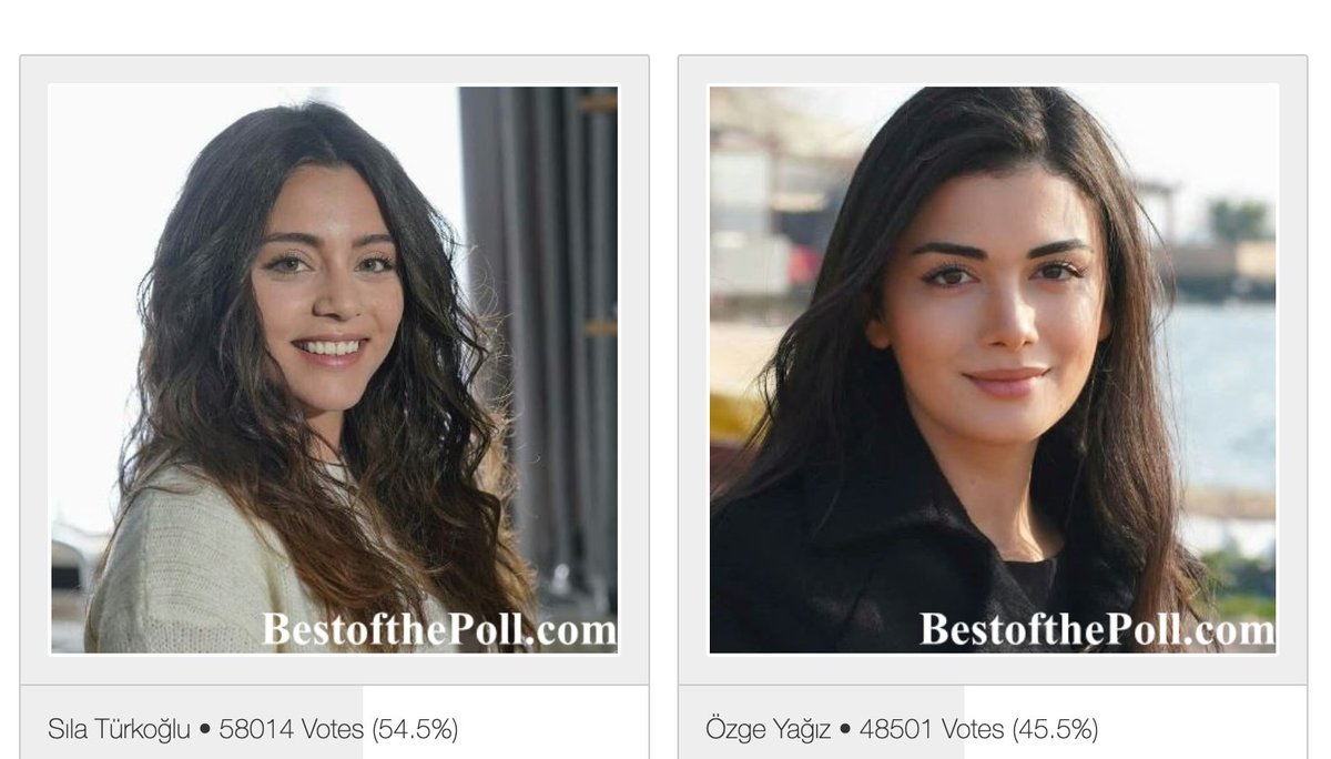 #SılaTürkoğlu #ÖzgeYağız #Actress #TurkishActress #BeautifulActress #FavoriteActress #KızılcıkŞerbeti #Emanet #Yemin #Safir #Baba #SolYanım #BestofthePoll 

Poll: Who is your favorite actress? Sıla Türkoğlu vs Özge Yağız? 
Latest Stats: 
bestofthepoll.com/sila-turkoglu-…