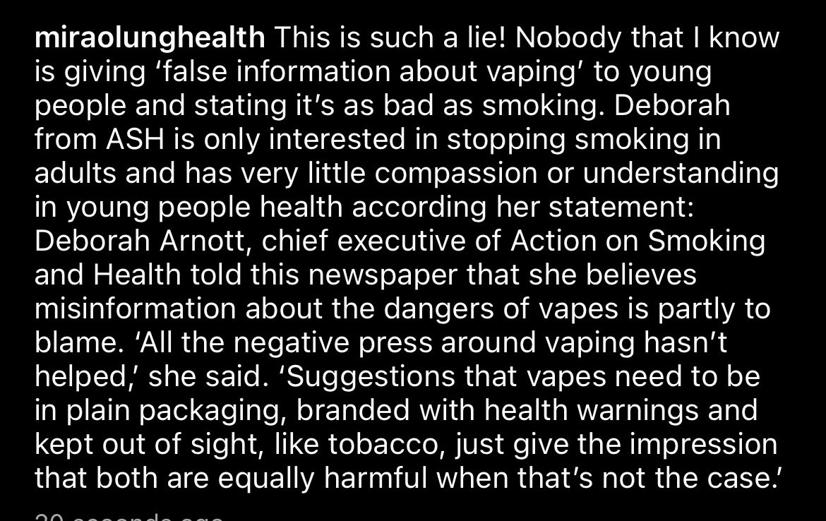 ASH the delusional charity. My service has no young smokers but the other day had a young person hiding his vape in MRI because he was worried he will loose it. We shouldn’t have disposable vapes with plain pictures on , we should ban them.