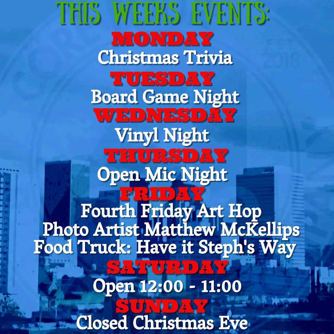 Here’s the fun at Core4 this week! Kicking it off Tonight with some Christmas Trivia. Our Fourth Friday Art Hop continues this Weekend with Matt McKellips. Stop by soon for a pint and a good time. #core4brewing #drinkcore4 #filmrowokc #downtownokc #visitokc #westvillageokc