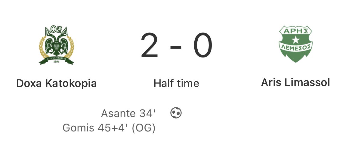 So far so good for @DoxaFC! 👀

They’re just 45 minutes away from picking up their first win of the season! Expect @ArisLimassol to come out fighting in the second half though! 🇨🇾