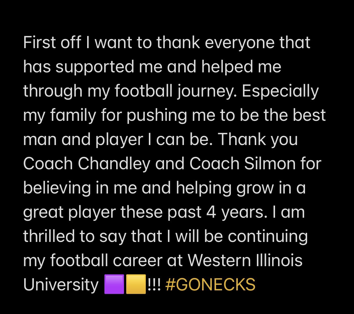 110% COMMITED I will be continuing my football career @WIUfootball!!!! @youngballcoach_ @DayEric07 @DC_Pioneers @CoachJoeDavis @Pfeiffer_WIU @_CoachHoov @KreczmerWIU @CSmithScout #AGTG #GONECKS