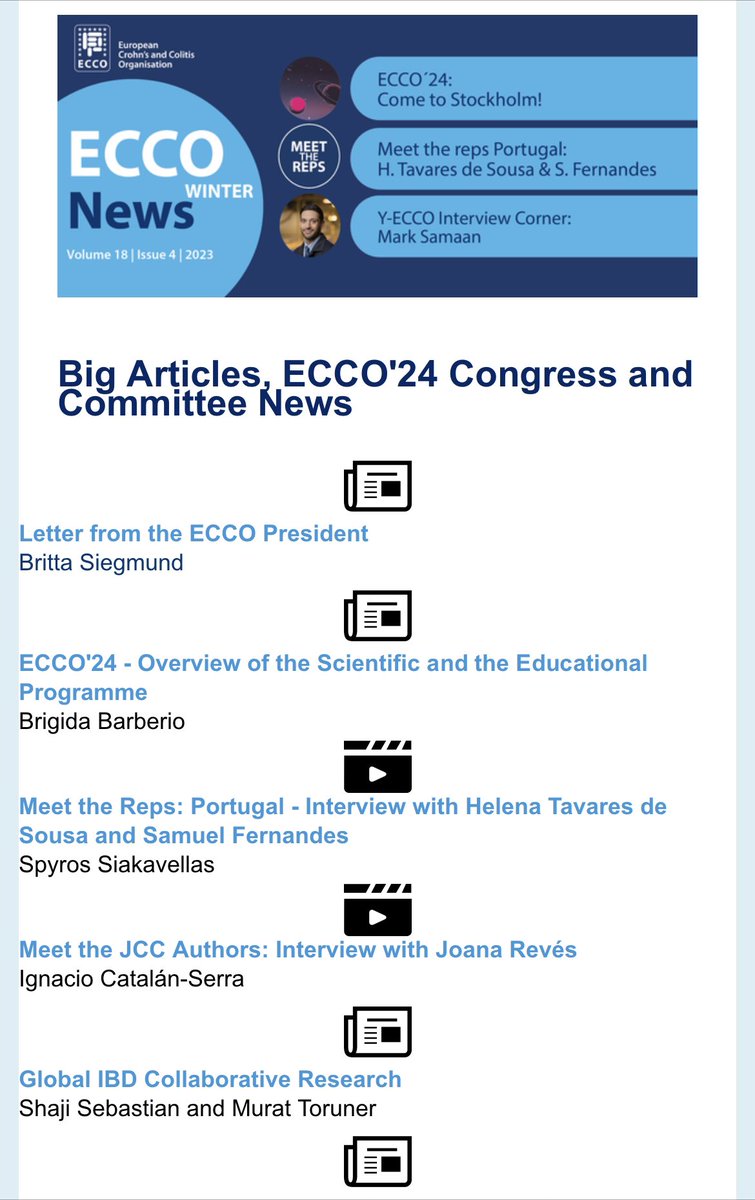🔵 New issue of ECCO News is out!!!

✍🏼Closing 2023 with lots of exciting news in IBD: Global IBD, Nat reps, ECCO24, <a href="/Y_ECCO_IBD/">Y-ECCO</a>, JCC podcast and more… Take a 👀👇🏻

We hope you like it and we wish you all Merry Christmas from the editorial team! 💫🎄

ecco-ibd.eu/publications/e…