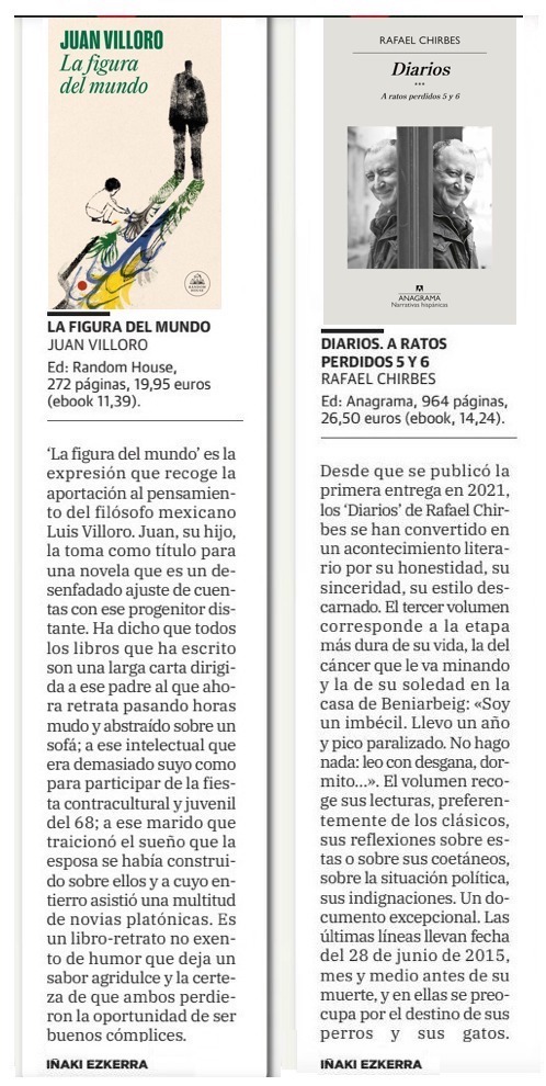En el suplemento cultural #Territorios recomiendo 14 libros de los publicados durante el año 2023: #Lafiguradelmundo de #JuanMontoro, #Diarios de #RafaelChirbes, #Cuerpovítreo de #AuroraFreijo, #Elmuseodelosesfuerzosinútiles de #CristinaPeriRossi, #Descampados de #ManuelCalderón.