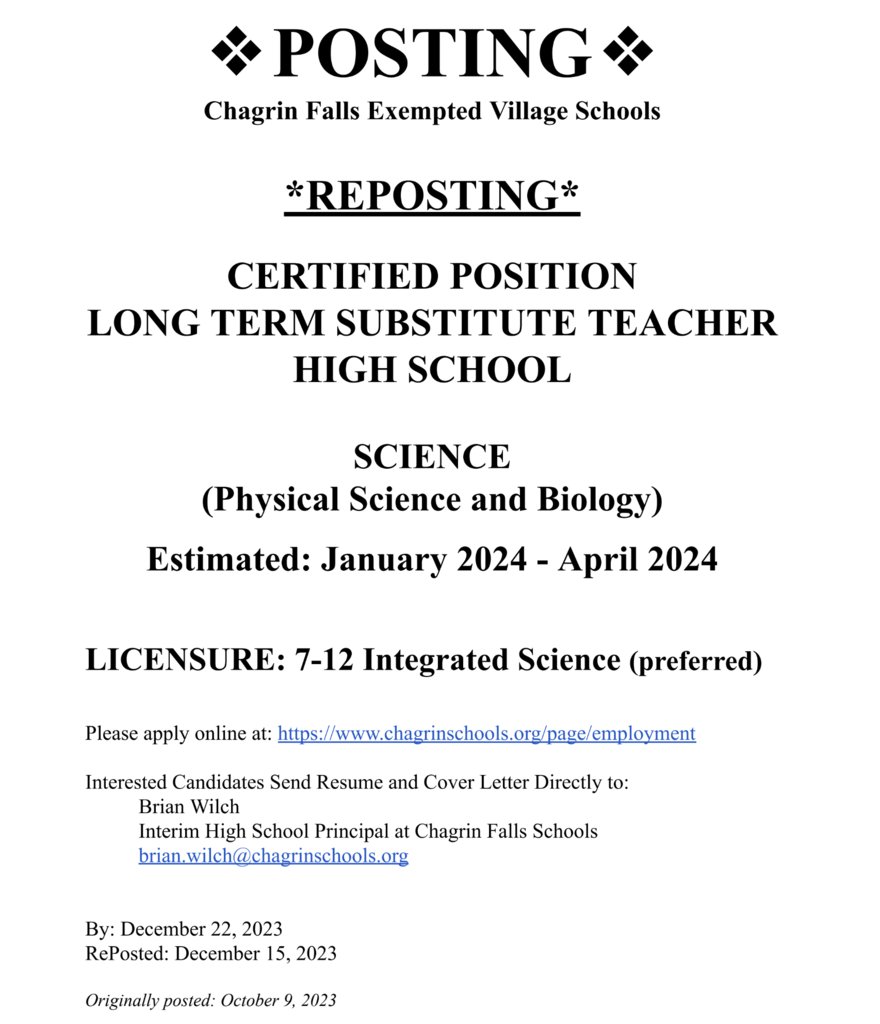 Chagrin Falls High School is looking for a long term sub (7-12 integrated science preferred)...January 2024 - April 2024. chagrinschools.org/page/employment