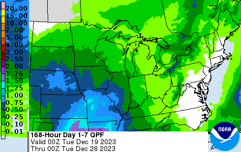 Total precipitation forecast through December 25, 2023. wpc.ncep.noaa.gov/qpf/p168i.gif