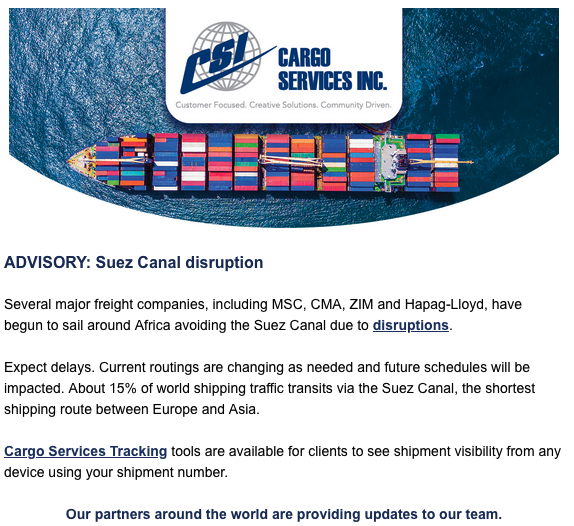 Several major freight companies, including MSC, CMA, ZIM and Hapag-Lloyd, have begun to sail around Africa avoiding the Suez Canal due to disruptions. 

conta.cc/48kAnAy