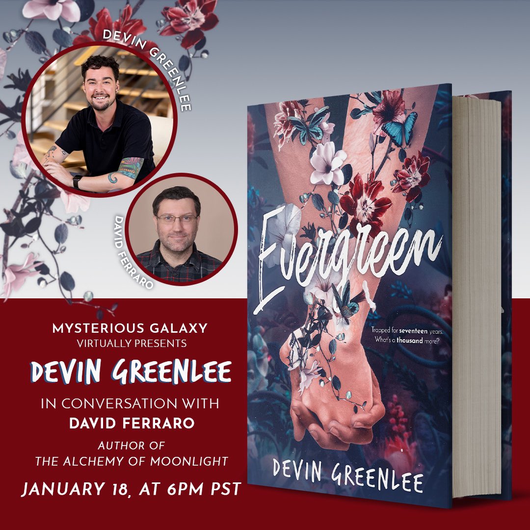 My first book event! Paired up with the wonderful @Dave_Ferraro! Hosted virtually on 1/18 at 6pm PST. If you’re interested in a signed copy and my charmingly awkward public speaking skills, sign up here: mystgalaxy.com/1182024Greenlee @MystGalaxyBooks @entangledpub @bookendslit