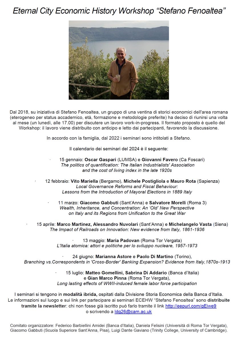 Giacomo Gabbuti (@ggabbuti) on Twitter photo Come oramai da tradizione, fine anno vuol dire anche condividere il calendario dei seminari ECEHW (l'acronimo si pronuncia starnutendo🥲), nati da un'idea di Stefano Fenoaltea, e a lui intitolati. Il programma qui👇e sul sito di
<a href="/per_ase/">Associazione per la Storia Economica (ASE)</a> : associazionestoriaeconomica.com/post/economic-… Come oramai da tradizione, fine anno vuol dire anche condividere il calendario dei seminari ECEHW (l'acronimo si pronuncia starnutendo🥲), nati da un'idea di Stefano Fenoaltea, e a lui intitolati. Il programma qui👇e sul sito di
<a href="/per_ase/">Associazione per la Storia Economica (ASE)</a> : associazionestoriaeconomica.com/post/economic-…