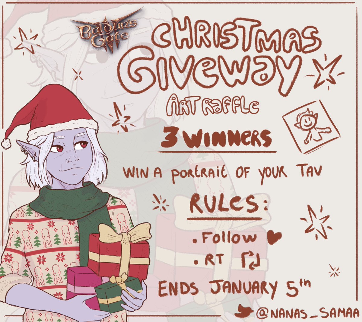 Nanas_samaa's tweet image. Christmas Giveway❄️
I've been working on this for a few days now, and it's time to announce my  first BG3 art raffle for christmas! ✨

-Prize: A portrait of your Tav/Durge

-To participate:
 Follow + RT this post

Ends January 5th 🩷
#BaldurGate3 #BG3  #artraffle #giveway