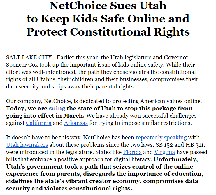 Austin Jenkins Pluribus News on X: "#Breaking NetChoice, a tech trade  association, is suing Utah to overturn a pair of social media laws passed  earlier this year. Follows a successful effort to