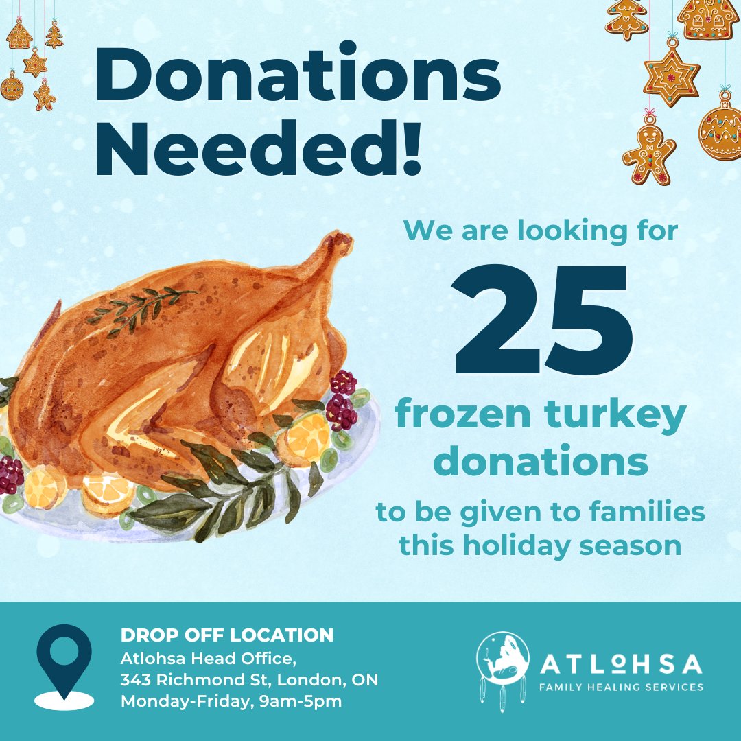 🚨 Urgent: Turkey donations needed by tomorrow! We're close to our goal of 25 turkeys for Blue Christmas, but still need your help.📍 Drop-off by tomorrow: 343 Richmond St, London, ON ⏰ Open until 5pm. Every turkey helps! Miigwech for your generosity! 🙏 #LdnOnt #Donate