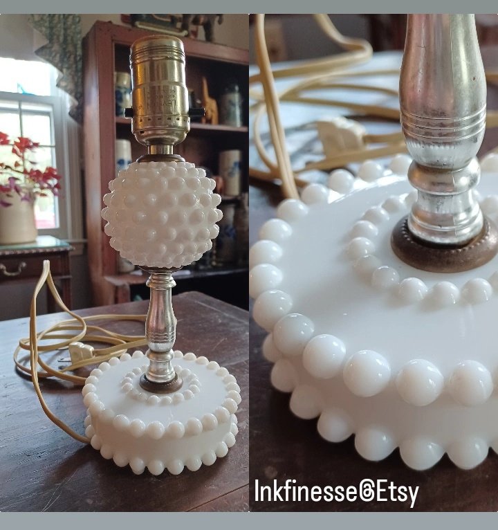 Fund this #50s #hobnail #milkglass #lamp in my #Etsy@ inkfinesse.etsy.com w/ other #vintage #fashion, #unique #art & #nostalgia ❤️🙂 #50sdecor #decorations #interiordesign #slagglass #white #50slamp #bedroom #vintagedecor #hobnailglass
