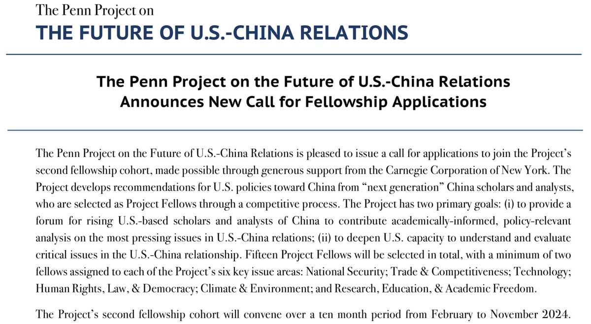 I am thrilled to share the call for applications (bpb-us-w2.wpmucdn.com/web.sas.upenn.…) for the second fellowship cohort of the Penn Project on the Future of U.S.-China Relations (global.upenn.edu/future-of-us-c…), made possible by generous support from <a href="/CarnegieCorp/">Carnegie Corporation of New York</a>. Applications are due January 29.