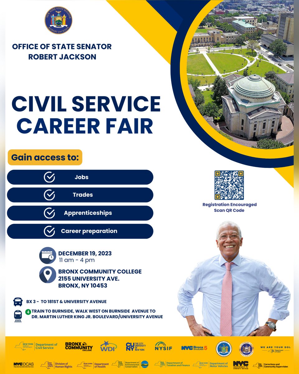 Join us for the District 31 Civil Service Career Fair!

🗓️ December 19th
🕒 11 am - 4 pm
📍 Bronx Community College, 2155 University Ave, Bronx, NY 10453

Explore civil service opportunities, exam schedules, apprenticeships, &amp; more. Don't miss out, see you there!