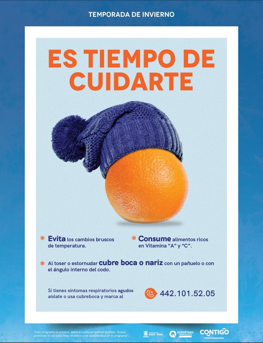 ¡La #Prevención comienza con nosotros! En #TemporadaDeFrío, #InfeccionesRespiratorias #Querétaro. Abrígate, consume líquidos y sigue nuestras recomendaciones para cuidarte. #CONTIGO #Salud. Para orientación médica puedes comunicarte al 📞 442 101 5205.