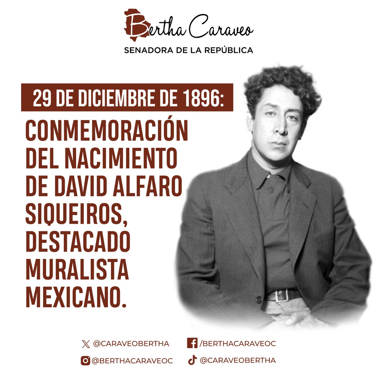 Conmemoramos el nacimiento de David Alfaro Siqueiros, pilar fundamental en el arte y la cultura de México. Como Senadora, me siento inspirada en su legado. Su trabajo no solo transformó el panorama artístico, sino que también reflejó una profunda convicción de justicia.