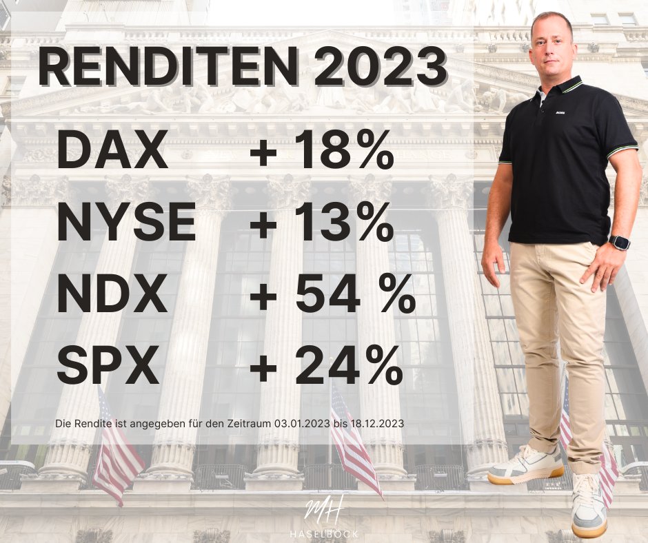 Die Renditen der großen Indizes in ihrer Entwicklung 2023. 
Sei 2024 auch mit dabei und zähle zu den Gewinnern, die auch bestmögliche Gewinne machen. Die Märkte bieten es an. Man muss es nur lernen, können und anwenden.
#year2024 #rich #aktienhandel #börsenwissen #investieren