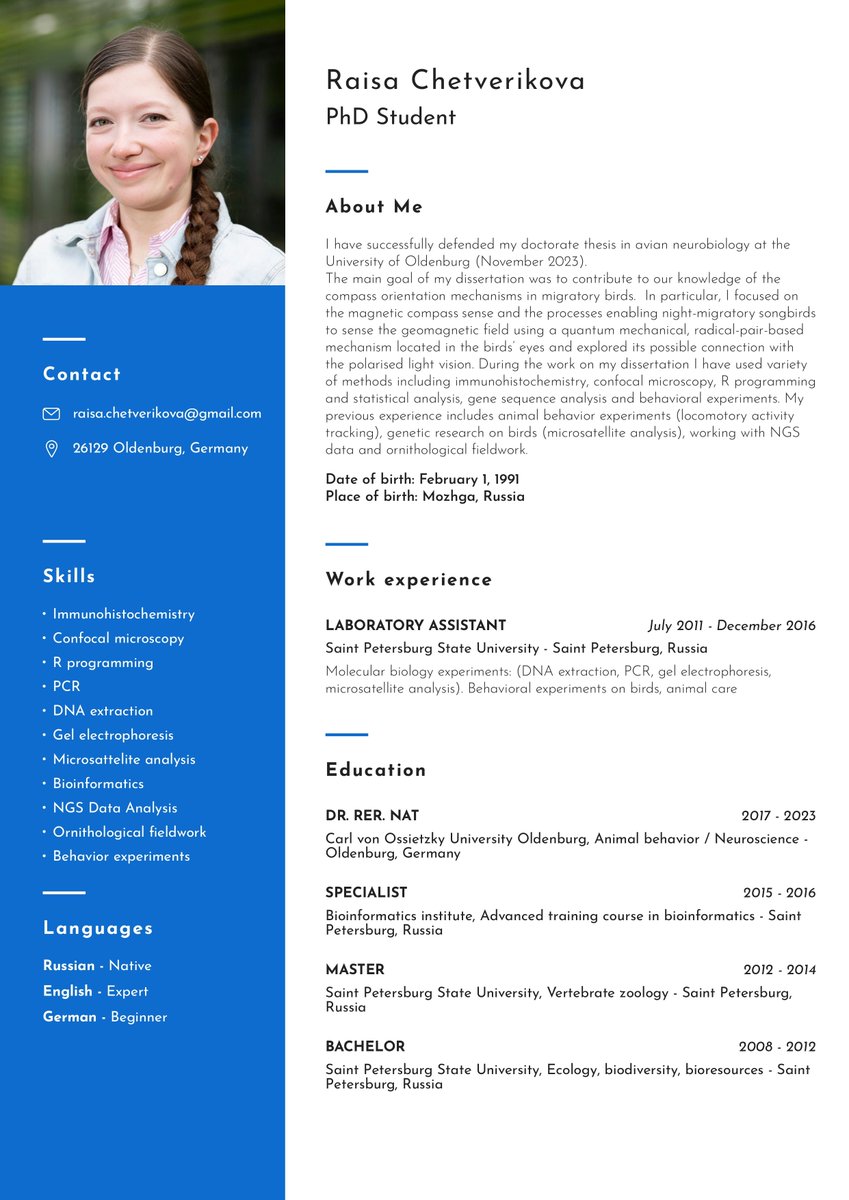 Looking for a postdoc, reposts are highly appreciated! I'm interested in ecological, physiological, and genetic aspects of the behaviour of birds and other animals; bird vision, magnetoreception; population genetics; bioinformatics. Full CV and contacts are in replies below😀