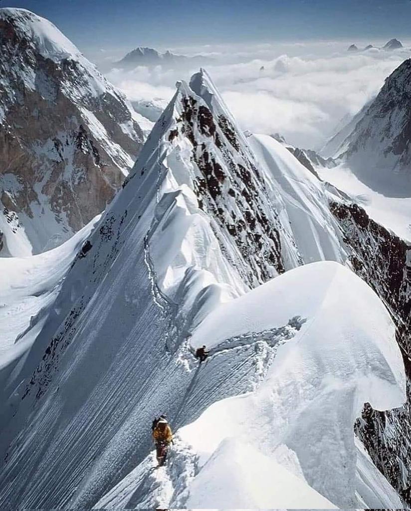 The northeast ridge of K2, the knife-edge, Rick Ridgeway in the foreground with Lou Reichardt behind 

#K25ChallengeAccepted #k2trek #k2basecamptrek #everestingchallenge #everesttrek #k2basecamp #everestbasecamp #expedition #everestchallenge #Everest #k2 #everestbasecamptrek