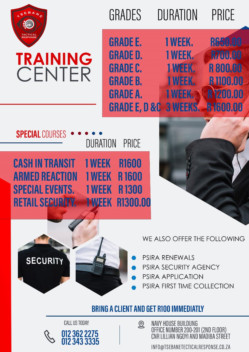 TTRSecurity's tweet photo. Dear Valued Clients
Please take note that our Training Centre Division will be closed from the 22nd of December 2023 &amp; will reopen on the 08th of January 2024.
Only Guarding Division will be operational the entire festive season because we live to protect you. Don'tDrinkAndDrive https://t.co/avXOh0l0fF