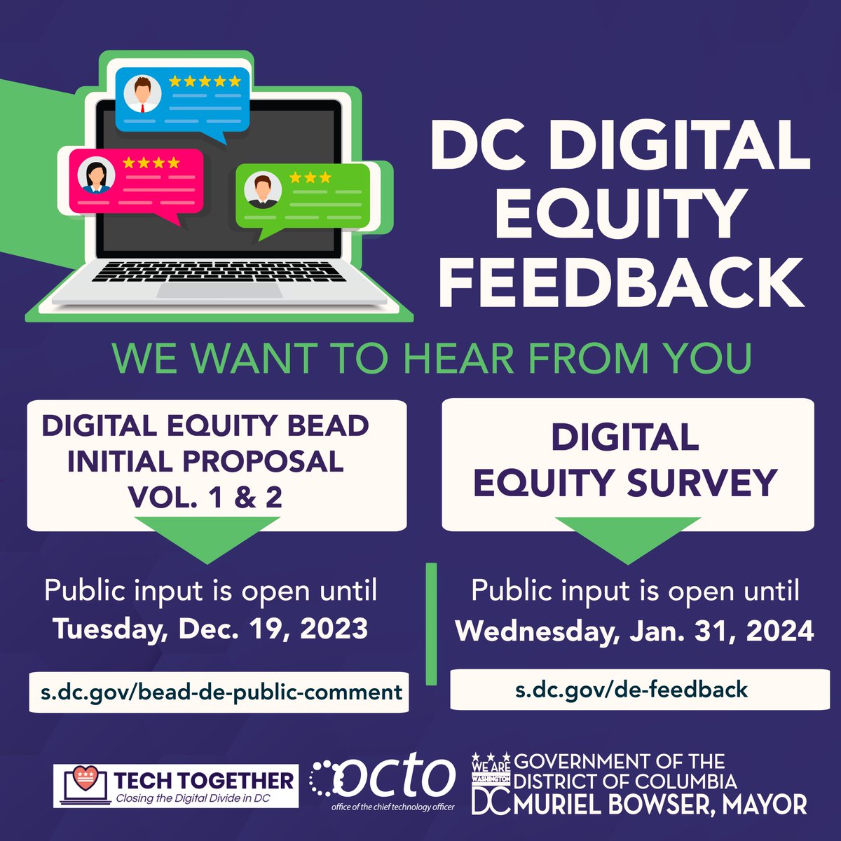 We're committed to making sure that residents across all 8 wards can thrive in the digital age. We want to hear from you on how we can make technology more equitable in the District. Provide your feedback on @OCTODC's Digital Equity Plan ➡️ s.dc.gov/bead-de-public…