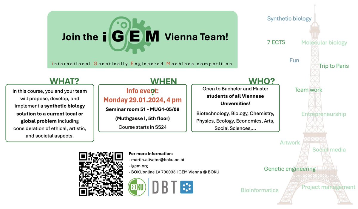 Join us! 
IGEM BOKU-VIENNA team 2024 call! This is where you get research #opportunities as a young scientist and where science meets creativity! #igem  #biotechnology #Vienna #boku #biology