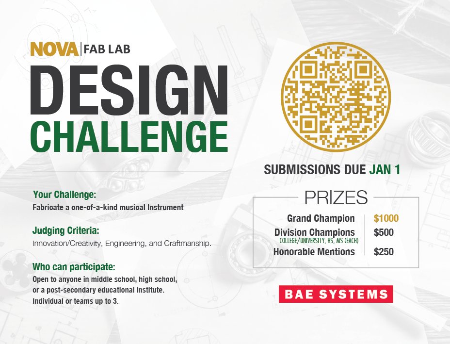 Deadline extended to Jan 1st for the Fall Fabrication Challenge! Also, join us this Wednesday (10am-4pm) for an open lab day. Start your instrument design for a chance to win $1000! @NOVAcommcollege #WeDoSTEM