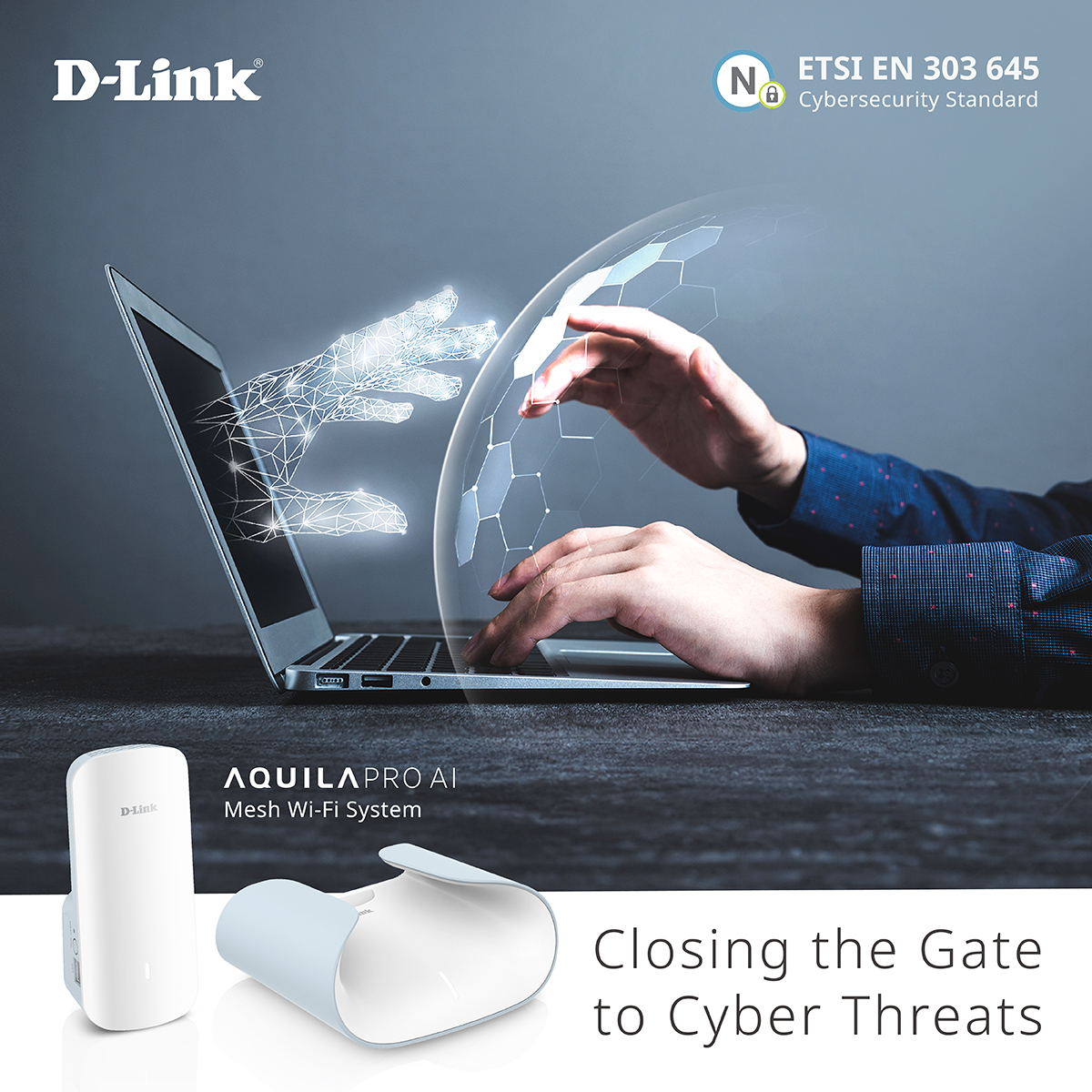 Dlink's tweet image. Better Protect Your Home Network and help keep your family safer online with AQUILA PRO AI.  Fight Cyber threats with security features like Advanced Parental Controls, ETSI EN 303 645 cybersecurity certification and WPA3 encryption. bit.ly/3NAi9TH #aquilaproai #wifi6