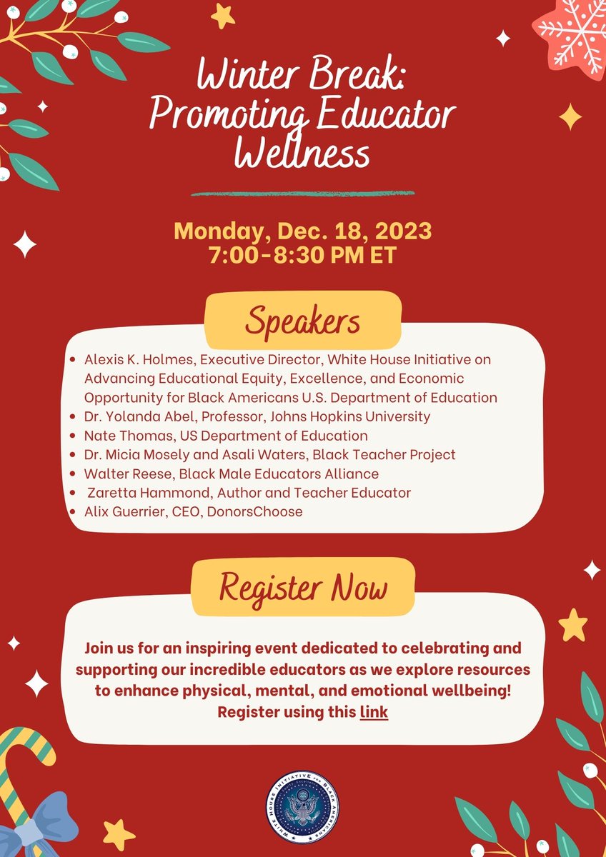 Calling All Educators! Join Tonight's Webinar 'Winter Break: Promoting Educator Wellness' at 7:00 PM ET. Register at ed-gov.zoomgov.com/webinar/regist…
