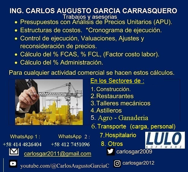 carlosgar2009's tweet image. Voy a estar laborando todo el mes de Diciembre, vía internet, asesorías, Presupuestos con APU, Cursos, ya que muchos deben empezar el año trabajando y es muy importante tener bien elaborado los presupuestos.
via WhatsApp +58  0414 4826404