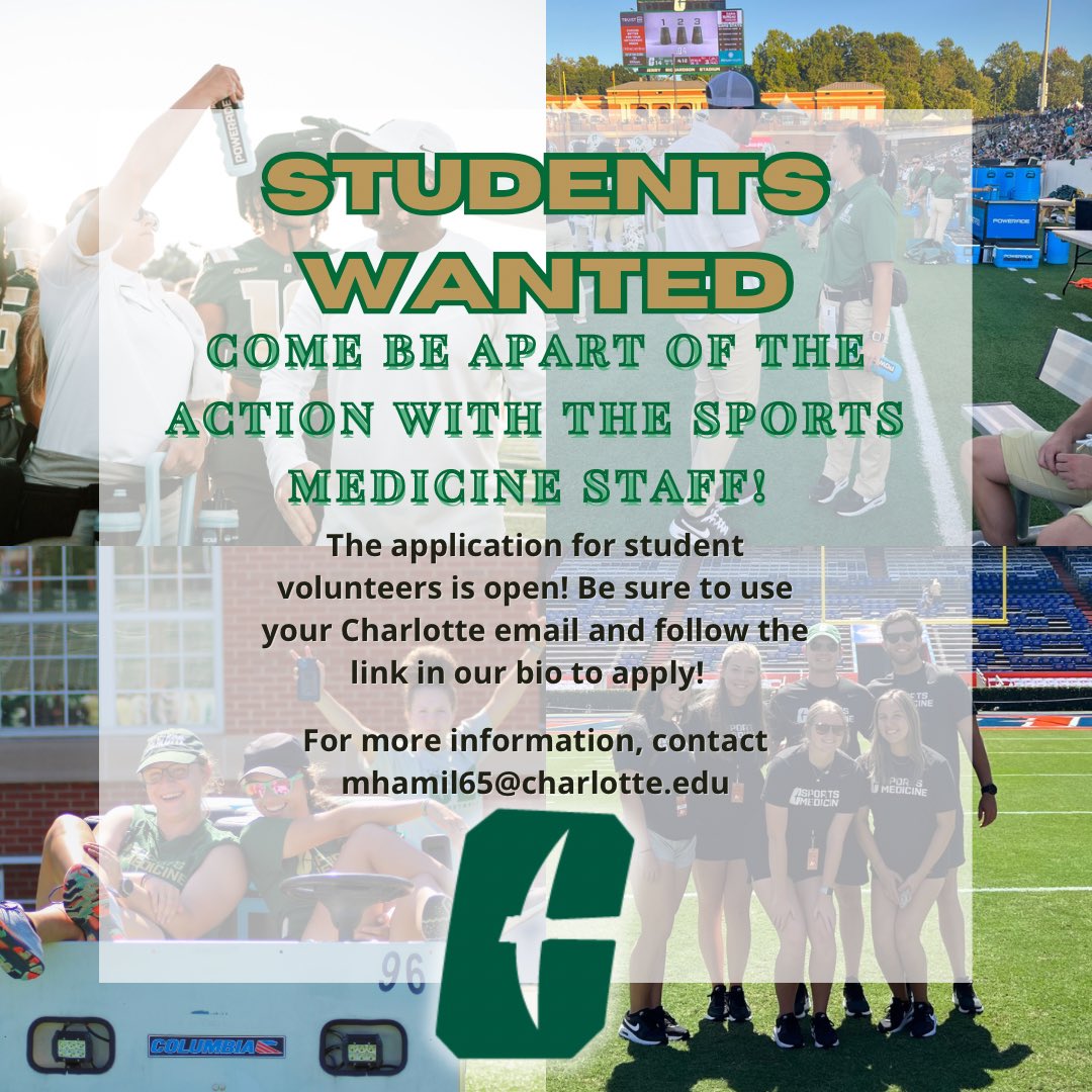 Come work with us Niner Nation!! Find the application in our bio! #dogreAThings #sportsmedicine #studentvolunteers