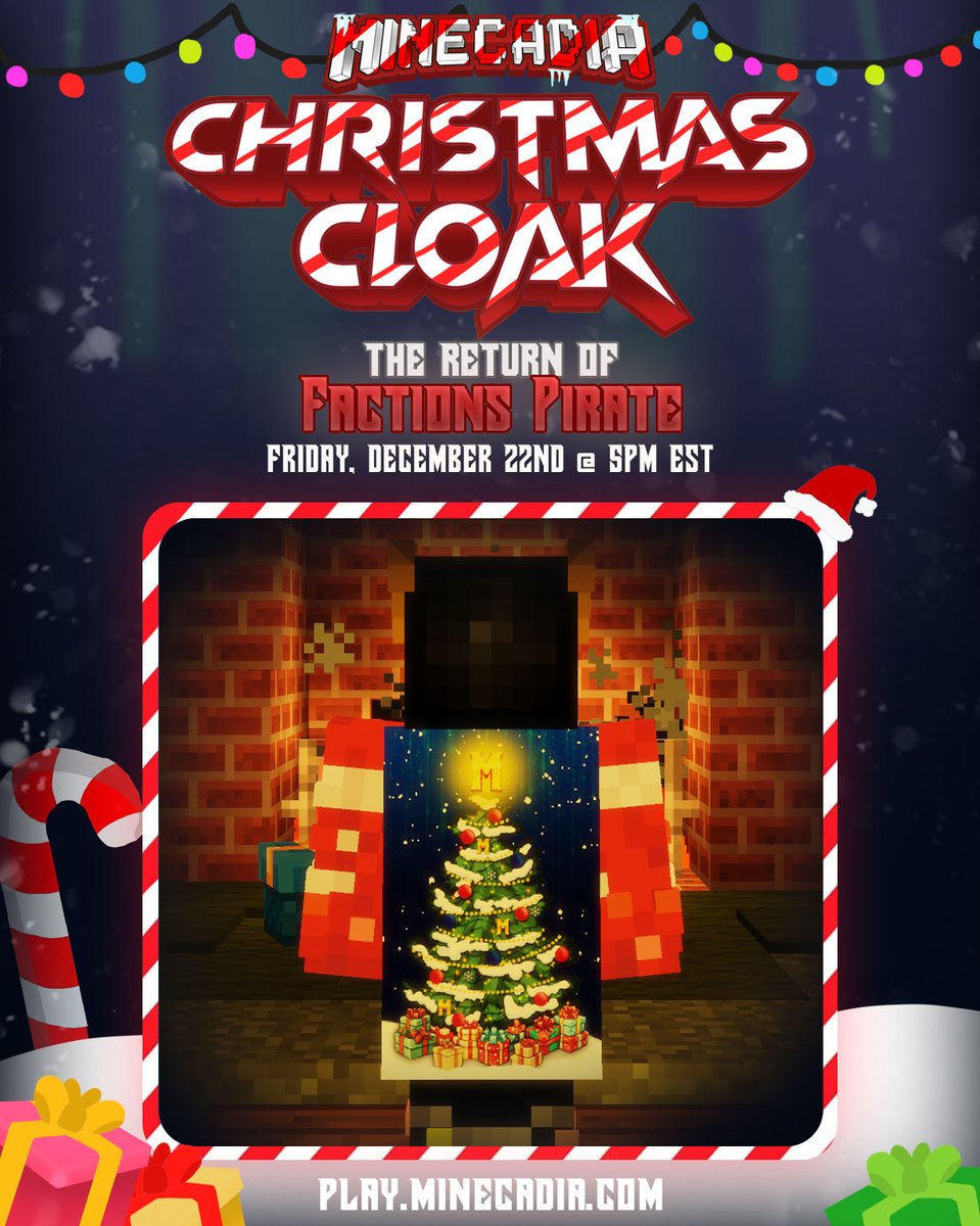 The Return of the Pirate Realm. 🏴‍☠️🦜

Factions: Pirate releases Friday, December 22nd @ 5PM EST.

Today, we will be giving away 10 of the new animated Christmas Minecadia Lunar Cloaks.

Follow us &amp; <a href="/LunarClient/">Lunar Client</a>, Retweet, and Like this tweet to enter. Good luck! ❤️💚