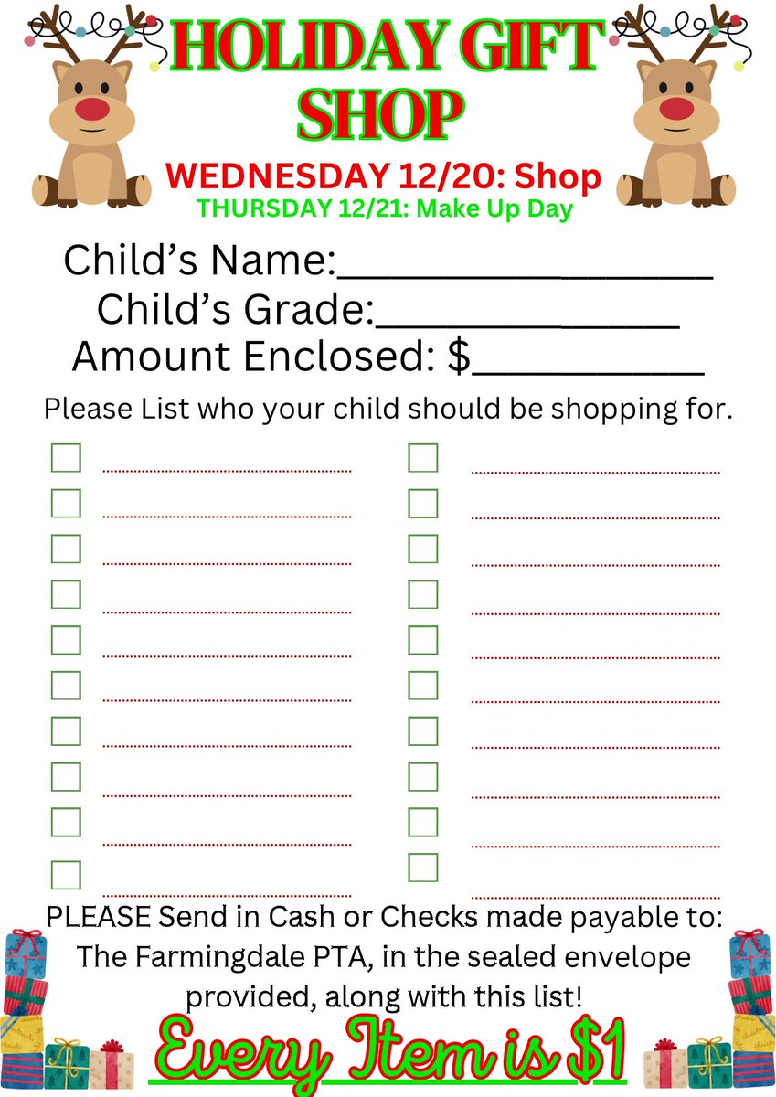 This Wednesday The Holiday Gift Shop will be open for business! Please remember to fill out the form below and return it to school for fun and stress-free shopping!  Cash and check should be returned in the attached envelope and made out to Farmingdale PTA!