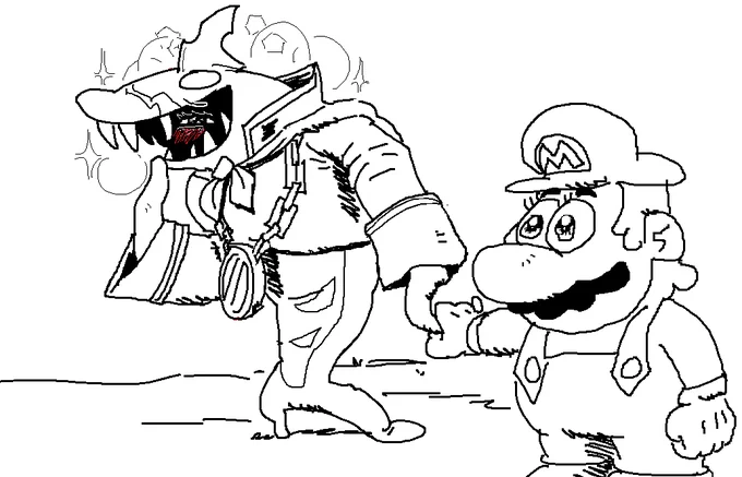 ko-fi request: "I'd love some kind of silly, light shipping of Mario and Jonathan Jones Something like Mario looking borderline oblivious to the fact that him holding Johnny's hook hand is making Johnny a flustered nervous wreck" 