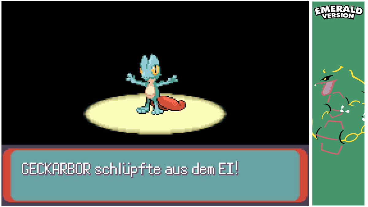 Shiny Treecko after 1,684 eggs in Emerald! ✨ Hunting the trio via eggs as my final set of Hoenn starters for my living dex. Gave it the egg move Leech Seed & will be staying a Treecko. Hatched on my new German copy of Emerald too. (106/386 - Gen 3 Shiny Living Dex)