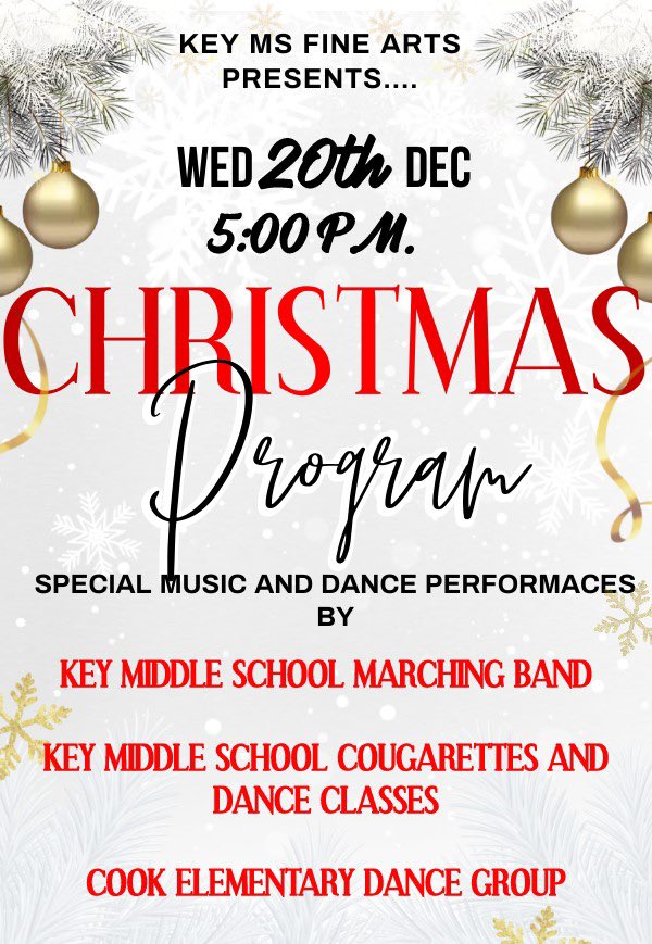 Key Middle School Christmas Program! 

Wednesday December 20th, 2023

Time:5PM

Come Join Us! 🎄❤️💚

<a href="/HISD_North/">HISD North Office</a> <a href="/shundramosley24/">Shundra Mosley</a>