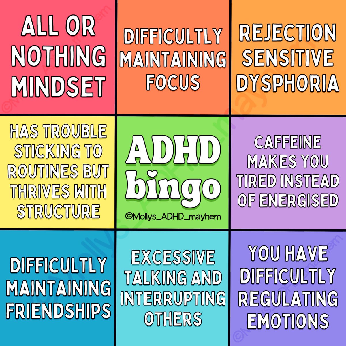 Just a little bingo card I created for ADHDers.. 

Please remember to like, comment, share and save!❤️❤️ 

 Thankyou, Molly ❤️🌈🌈🌈

#adhd #adhdmemes #adhdadult #adhdparalysis #adhdawareness