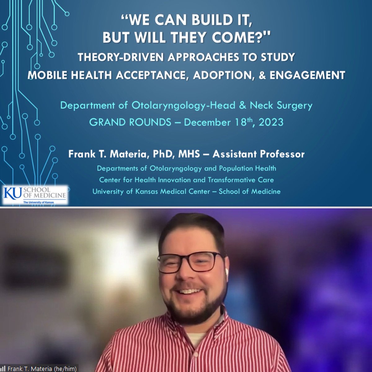 Grand Rounds @ku_ent with @Frankie_Materia PhD MHS presenting: “We can build it, but will they come?” Theory-Driven Approaches to Study Mobile Health Acceptance, Adoption, & Engagement. So many possibilities for leveraging wearables in healthcare #WeAreOto #ENTsurgery #MedTwitter